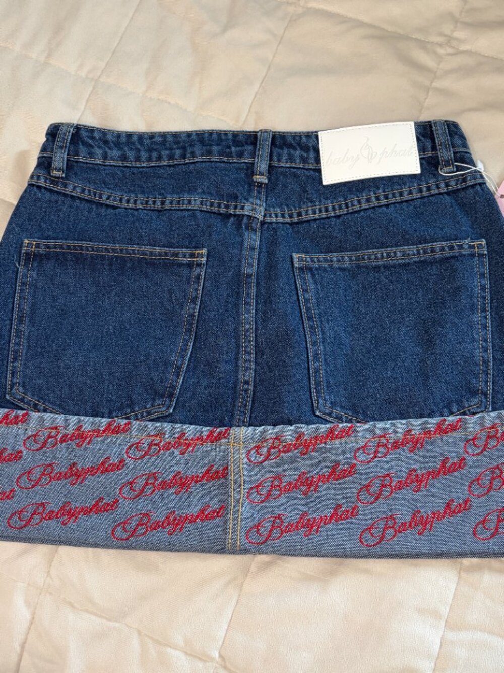 NEW Baby Phat Denim Skirt Y2K Inspo Red Embroidered Logo Hem Cat McBling Medium - Picture 2 of 10